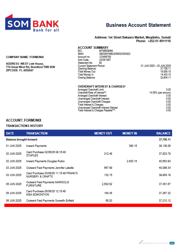 Download Somali Sombank bank firm account statement Word and PDF template Photoshop template